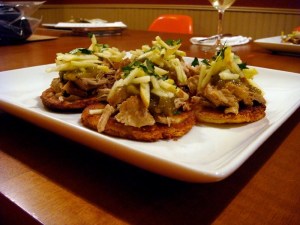 Pork with Green Chilie Sauce, Apples and Corn Pancakes (Arepas)